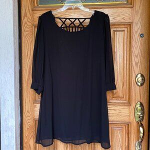 NWT - Black Chiffon Sheath Dress with Long Sleeves and Geometric Back Design